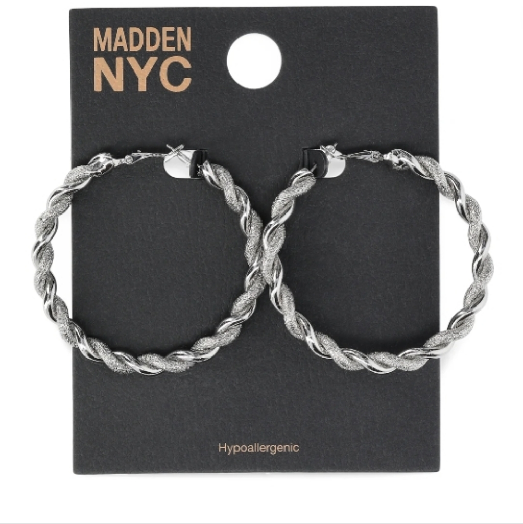 Madden Nyc Rhodium Twisted Textured Hoop Earrings